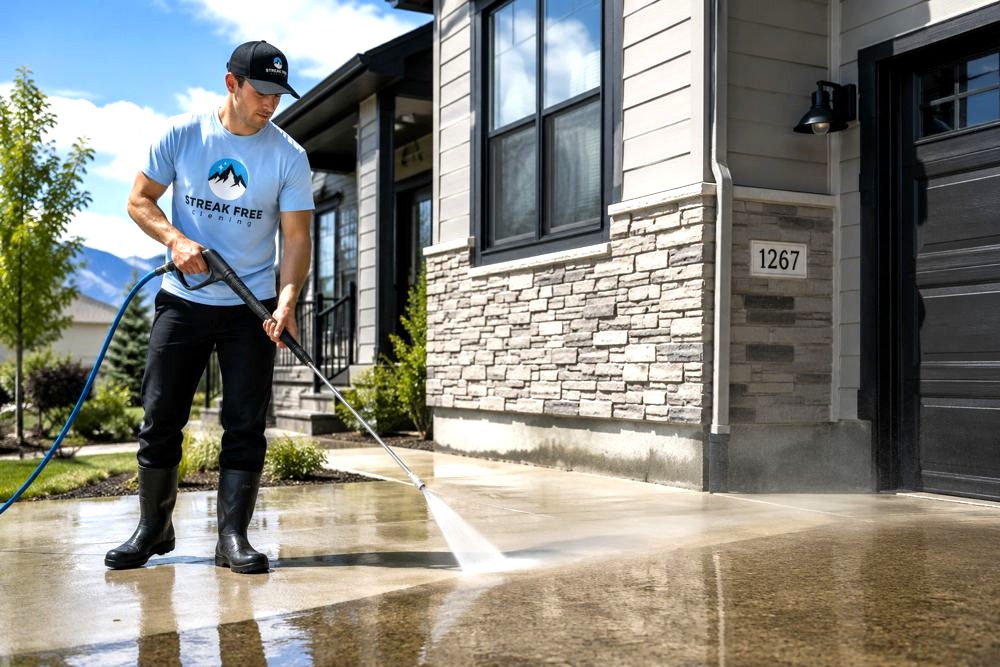 Streak Free Cleaning technician pressure washing a concrete driveway in Utah