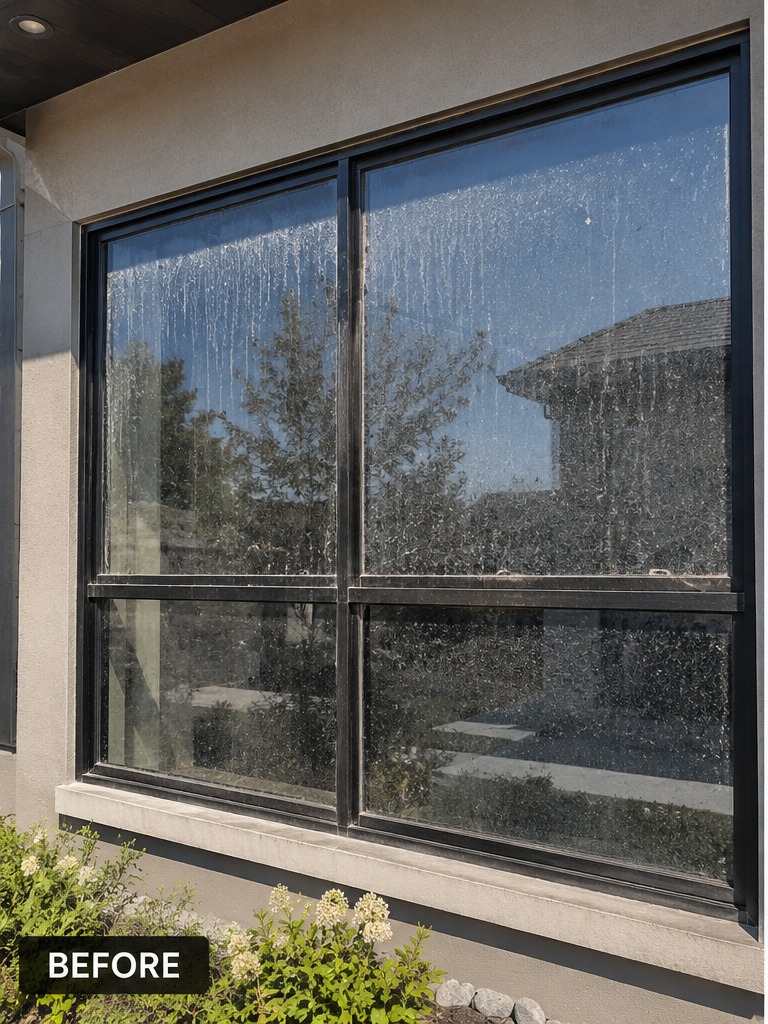 Dirty, streaked window before professional window cleaning in Utah